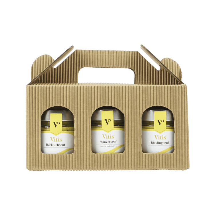 Eine Geschenkbox mit Bärlauchsenf, Rieslingsenf und Winzersenf der Firma Vitis Traubenkern GmbH.