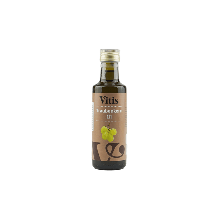 Eine Flasche 100ml kaltgepresstes Traubenkernöl der Firma Vitis Traubenkern GmbH.