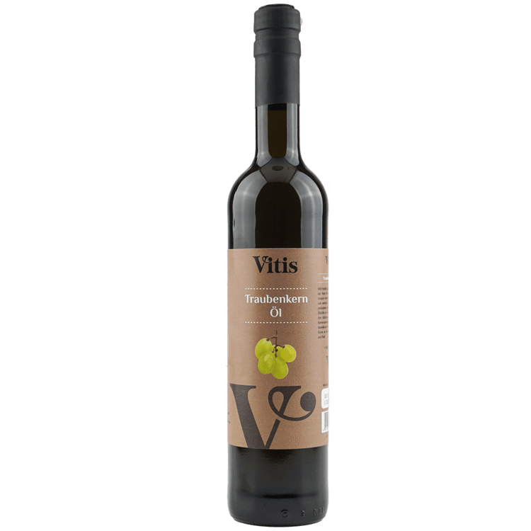 Eine Flasche 500ml kaltgepresstes Traubenkernöl der Firma Vitis Traubenkern GmbH.