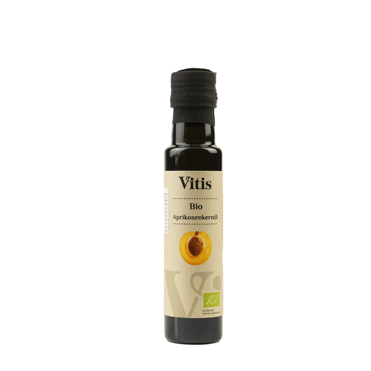 Eine Flasche 100ml Bio Aprikosenkernöl von der Firma Vitis Traubenkern GmbH.