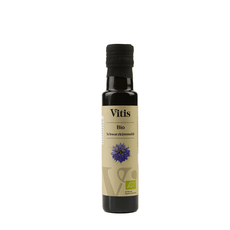Eine Flasche Bio Schwarzkümmelöl von der Firma Vitis Traubenkern GmbH.