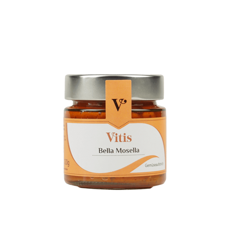 Ein Glas 120g Bella Mosella Brotaufstrich der Firma Vitis Traubenkern GmbH.