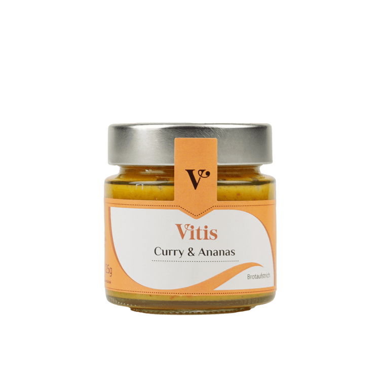 Ein 120g Glas Curry und Ananas Brotaufstrich der Firma Vitis Traubenkern GmbH.
