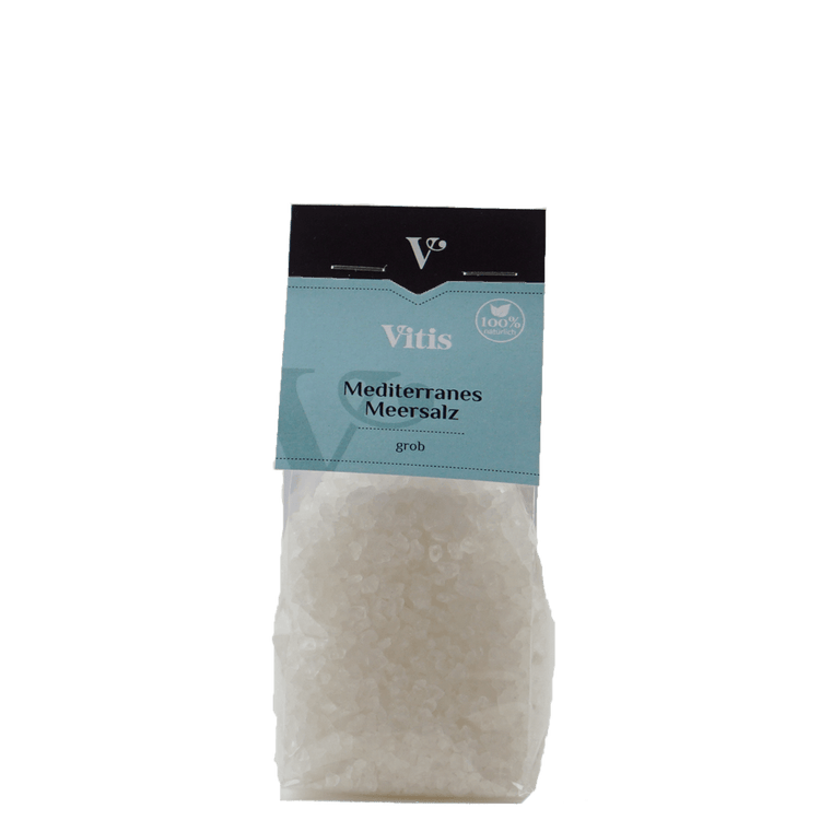 Ein 150g Päckchen mediterranes Meersalz grob von Vitis24.