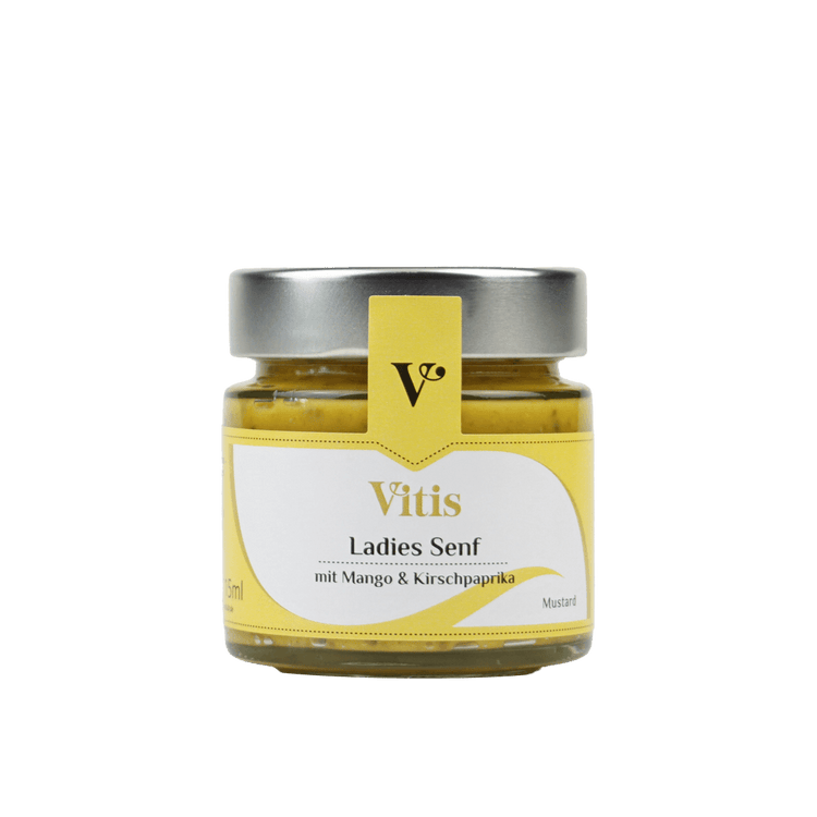 Ein 115ml Glas Ladies Senf mit Mango und Kirschpaprika der Firma Vitis Traubenkern GmbH.