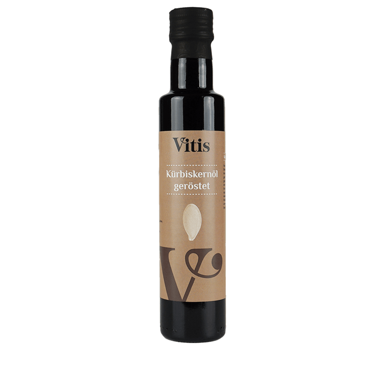 Eine Flasche Kürbiskernöl geröstet von Vitis24.
