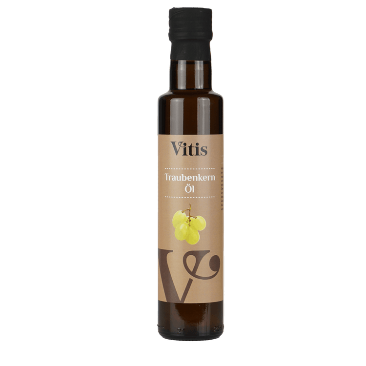 Eine Flasche 250ml kaltgepresstes Traubenkernöl im neuen Design von der Firma Vitis Traubenkern GmbH.