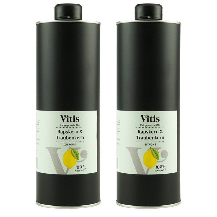 Zwei 1 Liter Dosen Raps- & Traubenkernöl Zitrone von der Firma Vitis Traubenkern GmbH.