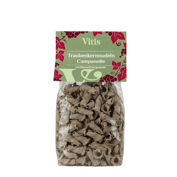 Eine 250g Packung Traubenkernnudeln Campanelle von der Firma Vitis Traubenkern GmbH.