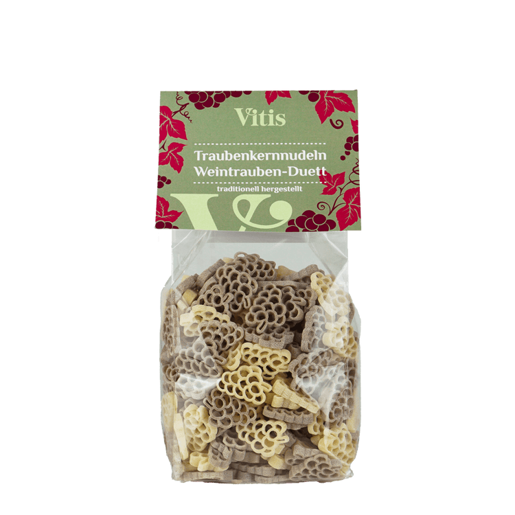 Eine 250g Packung Traubenkernnudeln Weintrauben-Duett von der Firma Vitis Traubenkern GmbH.