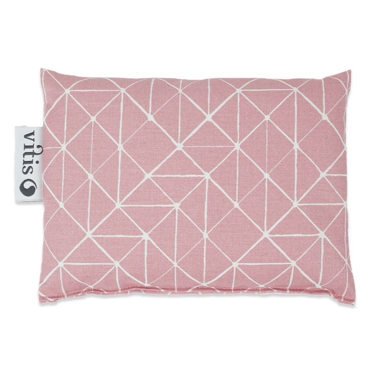 Ein kleines rosefarbenes Traubenkernkissen mit einem Linienmuster von der Firma Vitis Traubenkern GmbH.