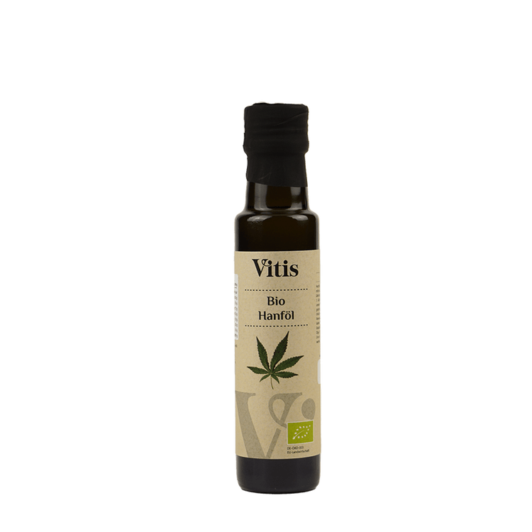 Eine Flasche 100ml kaltgepresstes Bio Hanföl von Vitis24.