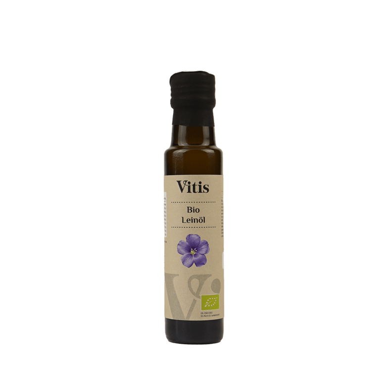 Eine Flasche 100ml kaltgepresstes Bio Leinöl von der Firma Vitis Traubenkern GmbH.