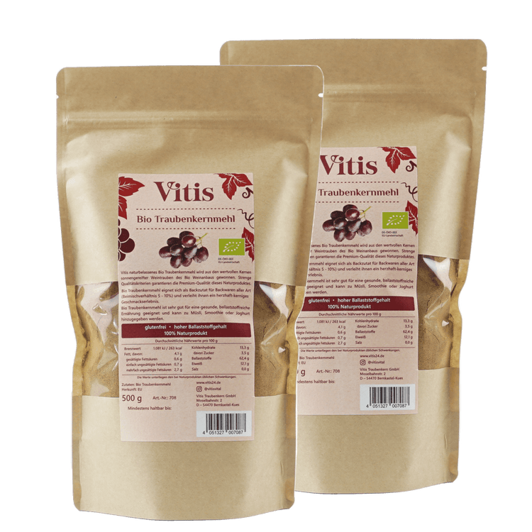 Eine Doppelpackung Bio Traubenkernmehl mit insgesamt 1000g von der Firma Vitis Traubenkern GmbH.