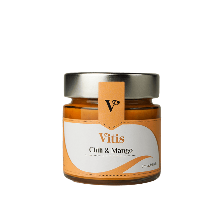 Ein Glas 250g Chili & Mango Brotaufstrich von Vitis24.
