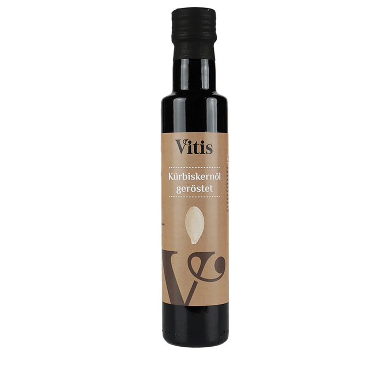 Eine Flasche 250ml kaltgepresstes Kürbiskernöl geröstet von Vitis24.