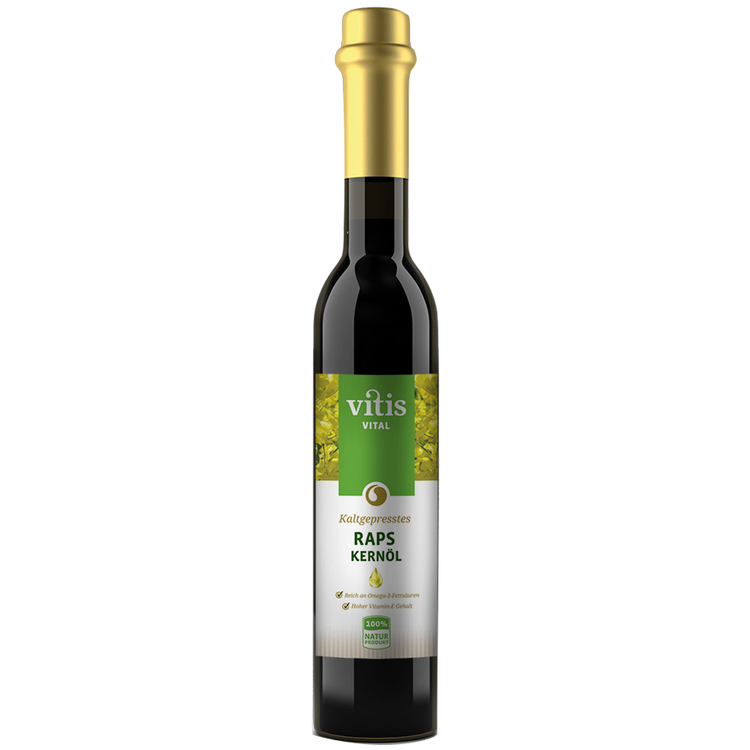 Eine Flasche 500ml kaltgepresstes Rapskernöl von der Firma Vitis Traubenkern GmbH.