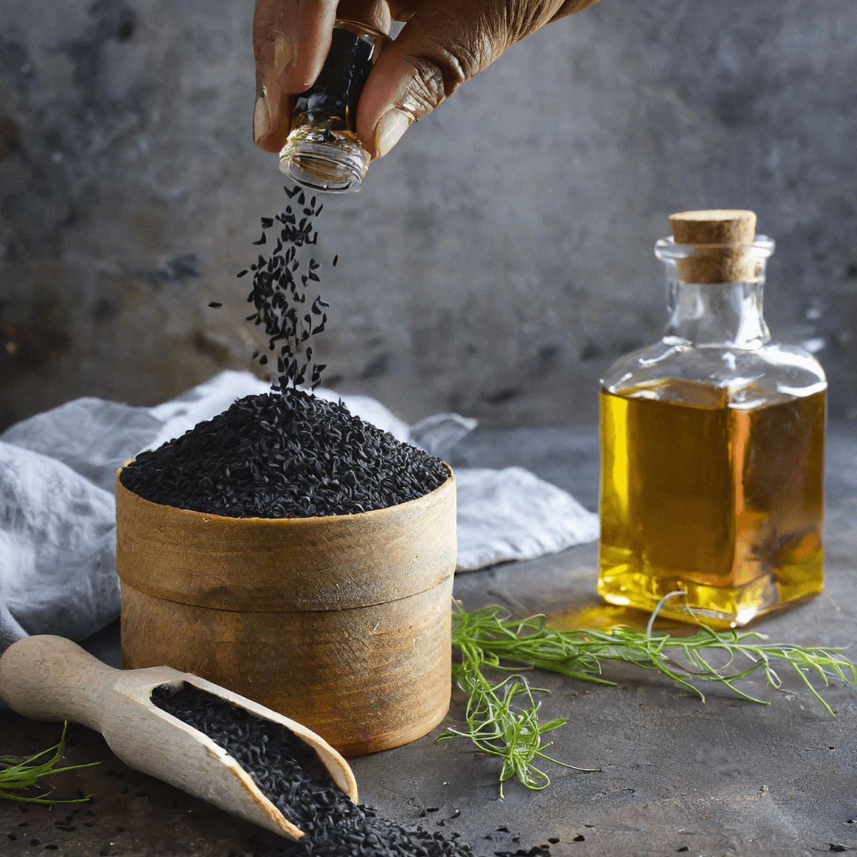 Schwarzkümmel wird in ein kleines Holzgefäß geschüttet. Daneben steht eine kleine Glasflasche mit Bio Schwarzkümmelöl.