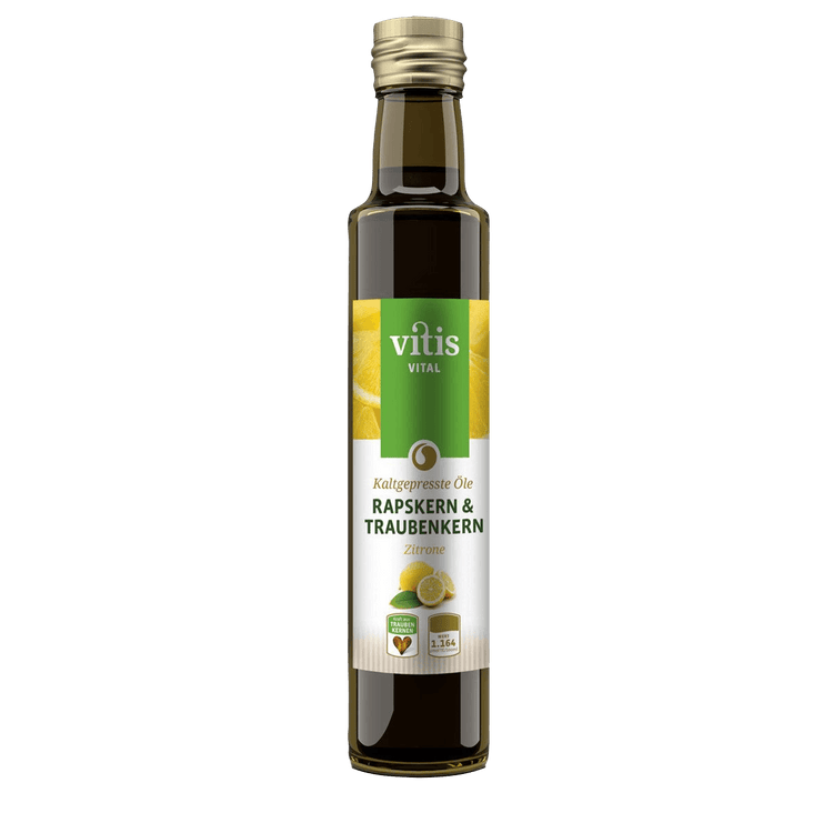 Eine Flasche Raps- und Traubenkernöl Geschmacksrichtung Zitrone von der Firma Vitis Traubenkern GmbH.
