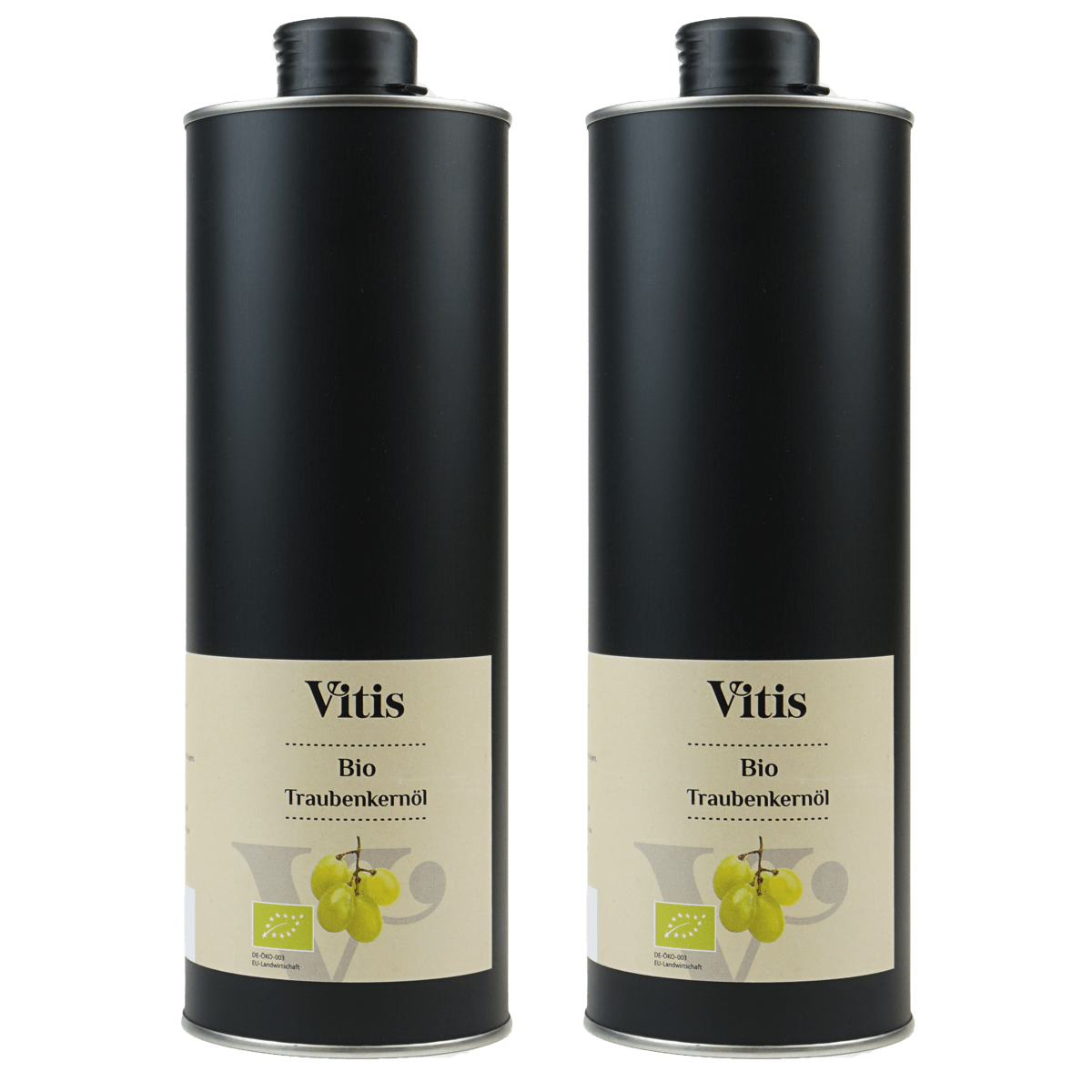 Zwei Dosen mit je einem Liter kaltgepressten Bio Traubenkernöl der Firma Vitis Traubenkern GmbH.