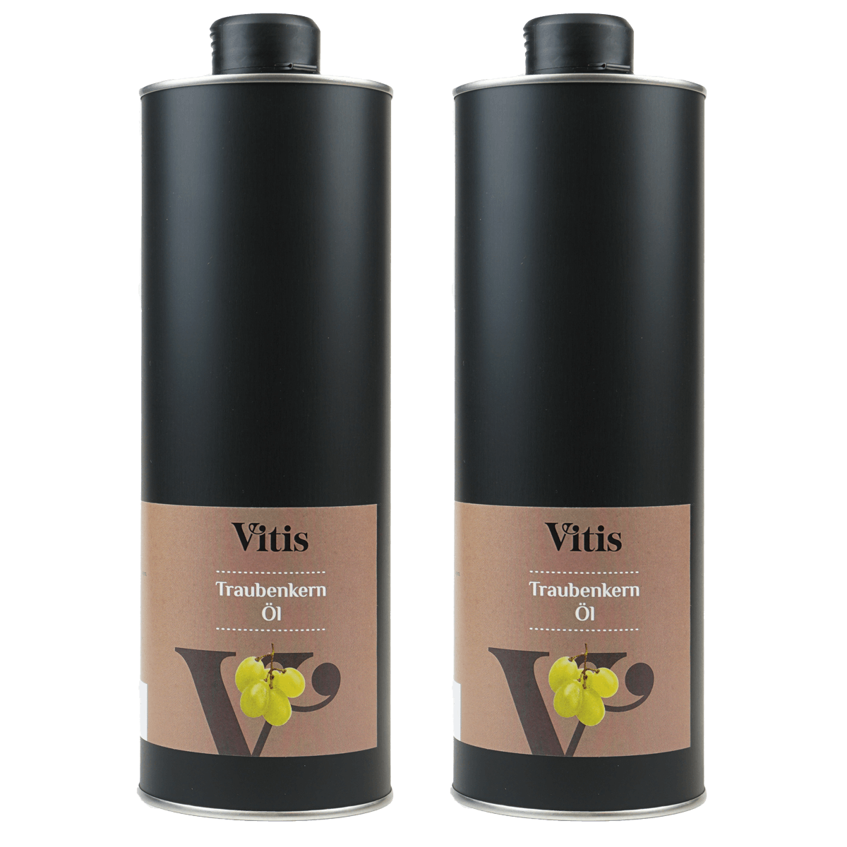 Zwei Dosen mit je einem Liter kaltgepressten Traubenkernöl der Firma Vitis Traubenkern GmbH.