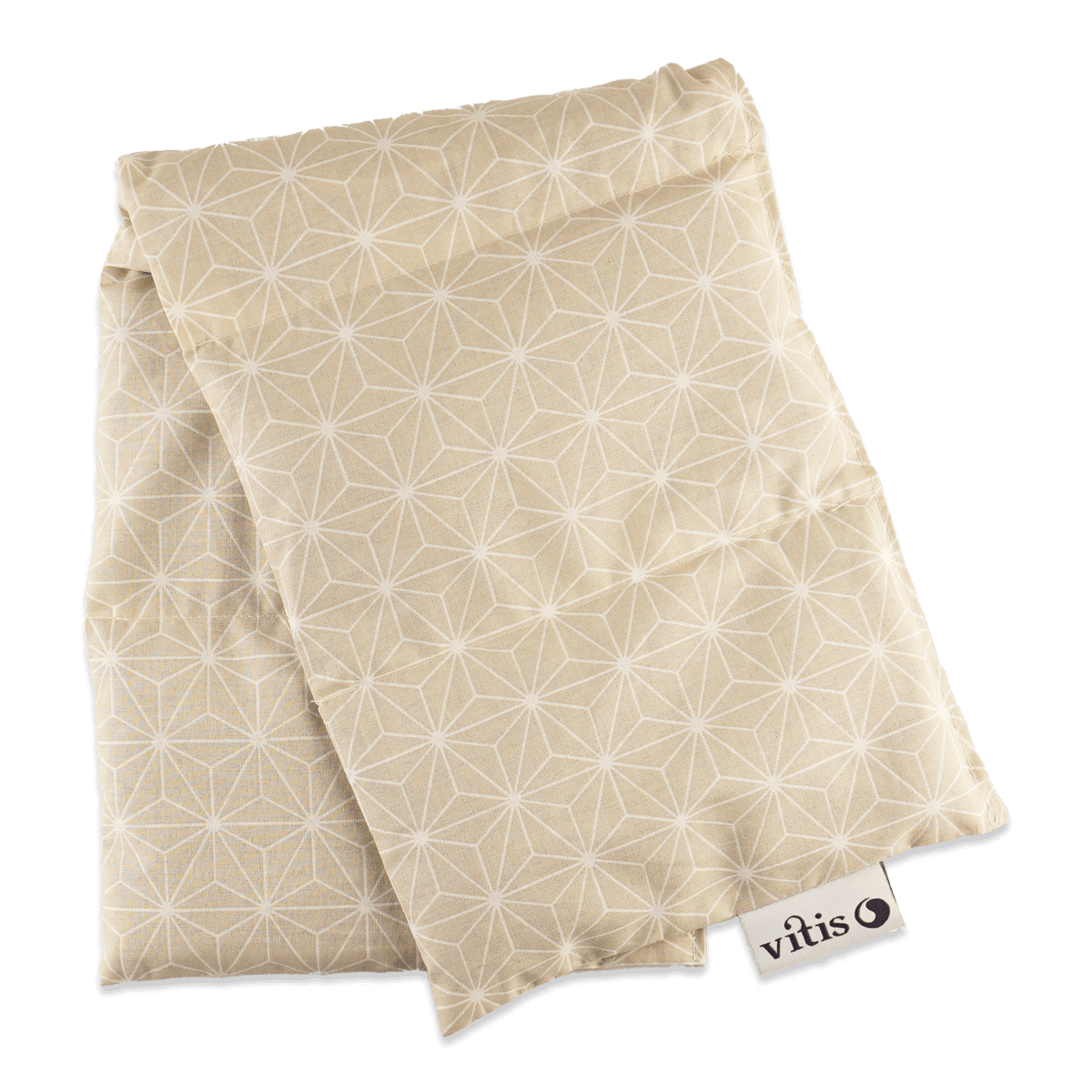 Ein großes sandfarbenes Traubenkernkissen mit weißem Muster der Firma Vitis Traubenkern GmbH.