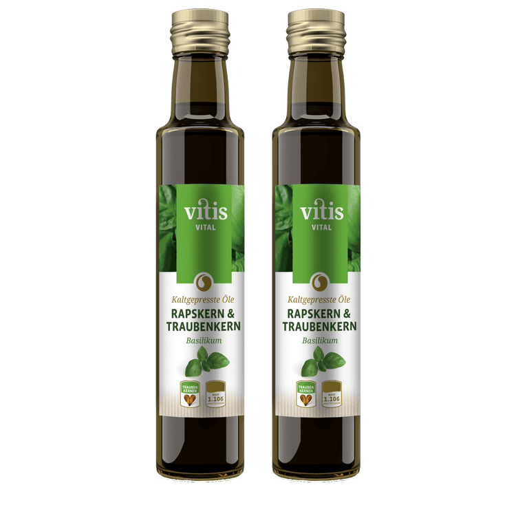 2 Flaschen a 250ml kaltgepresstes Raps- und Traubenkernöl Geschmacksrichtung Basilikum von der Firma Vitis Traubenkern GmbH.