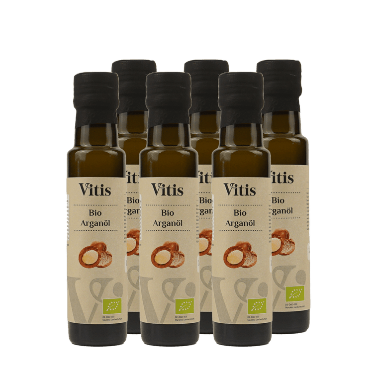 6 Flaschen a 100ml kaltgepresstes Bio Arganöl von der Firma Vitis Traubenkern GmbH.