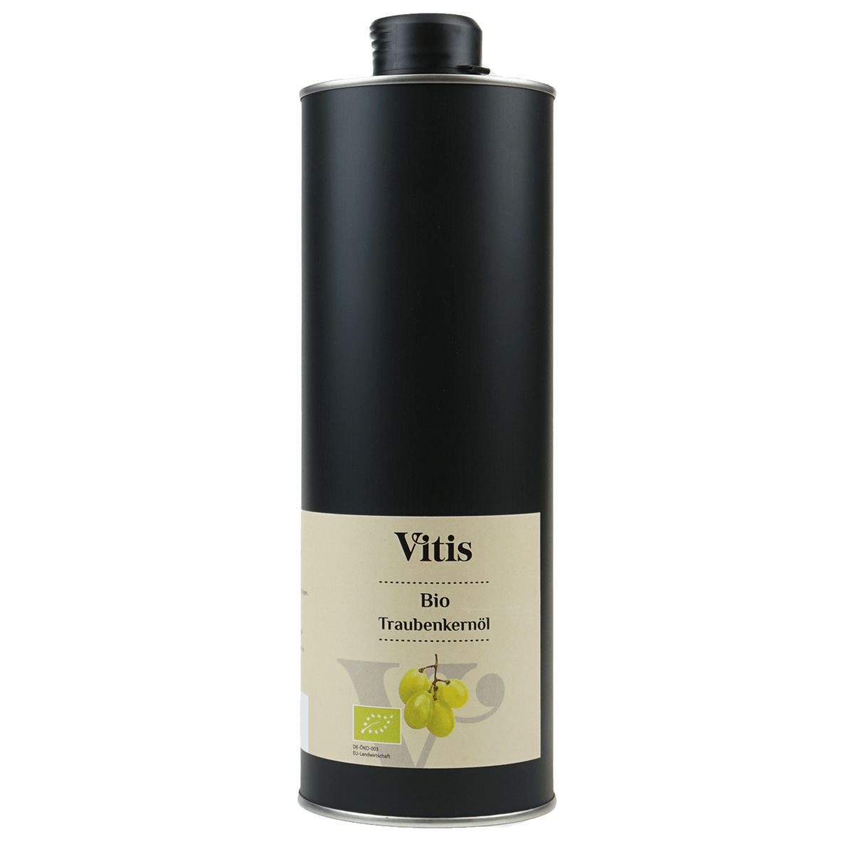 Eine ein Liter Dose kaltgepresstes Bio Traubenkernöl der Firma Vitis Traubenkern GmbH.