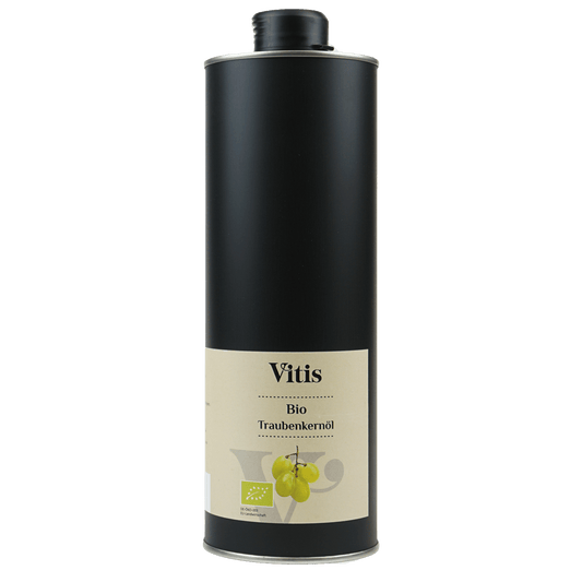 Eine ein Liter Dose kaltgepresstes Bio Traubenkernöl der Firma Vitis Traubenkern GmbH.