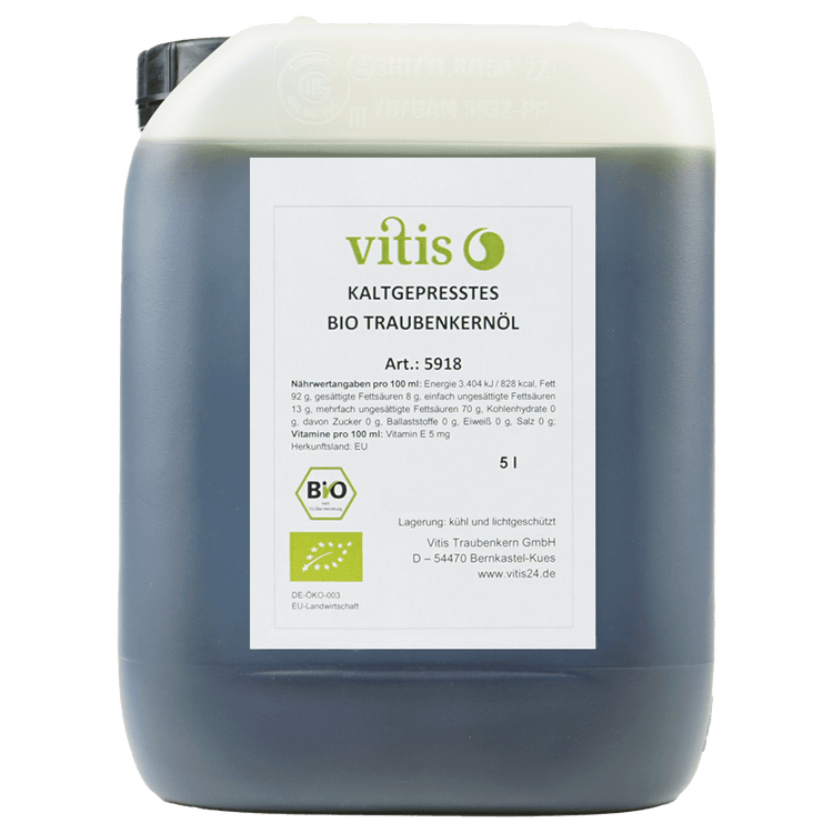 Ein 5 Liter Kanister kaltgepresstes Bio Traubenkernöl der Firma Vitis Traubenkern GmbH.