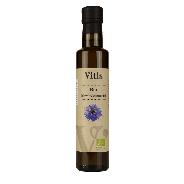 Eine 250ml Flasche Bio Schwarzkümmelöl von der Firma Vitis Traubenkern GmbH.