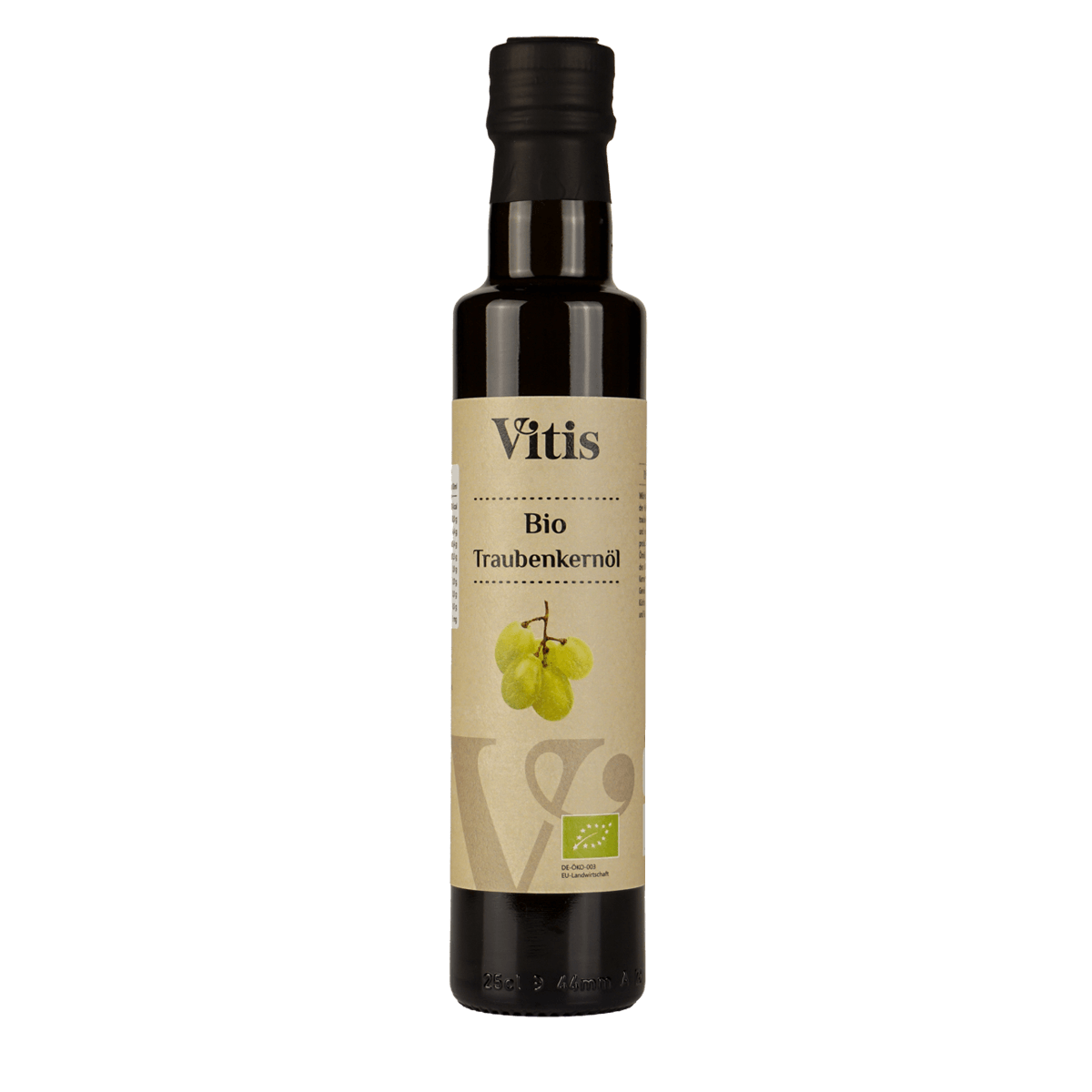 Eine Flasche 250ml kaltgepresstes Bio Traubenkernöl der Firma Vitis Traubenkern GmbH.