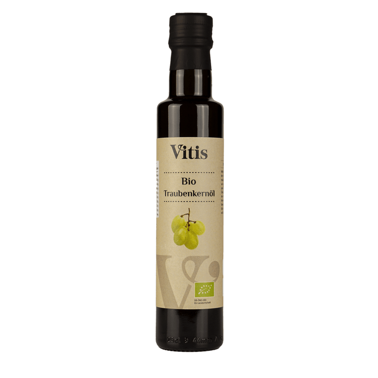 Eine Flasche 250ml kaltgepresstes Bio Traubenkernöl der Firma Vitis Traubenkern GmbH.