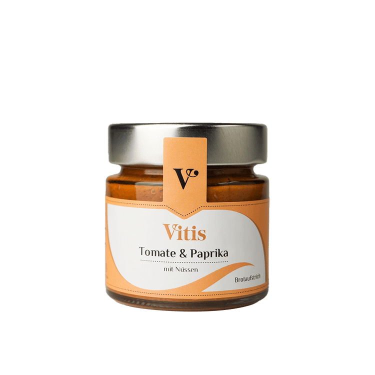 Ein Glas Bortaufstrich Tomate und Paprika mit Nüssen von Vitis24.