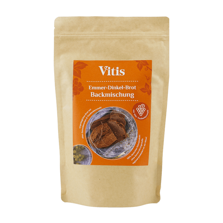 Eine 500g Packung Emmer Dinkel Brot BAckmischung von der Firma Vitis Traubenkern GmbH.