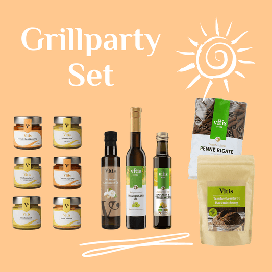 Traubenkernprodukte, Traubenkernbrot, Senfe & Dips der Firma Vitis Traubenkern GmbH als Set zum grillen.