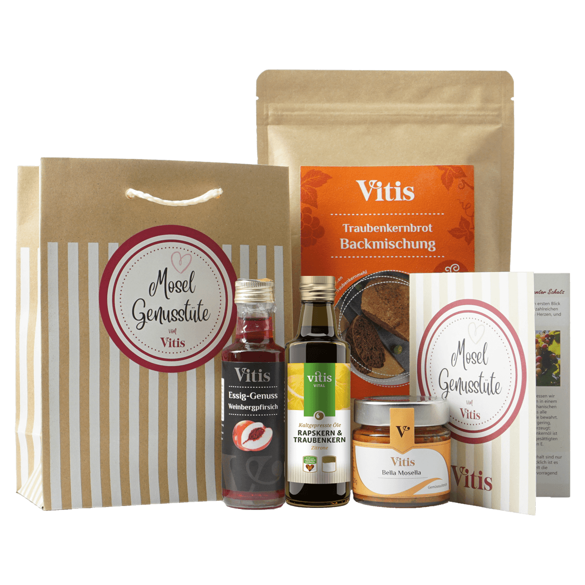 Vier regionale Feinkostspezialitäten als Mosel Genusstüte von der Firma Vitis Traubenkern GmbH.