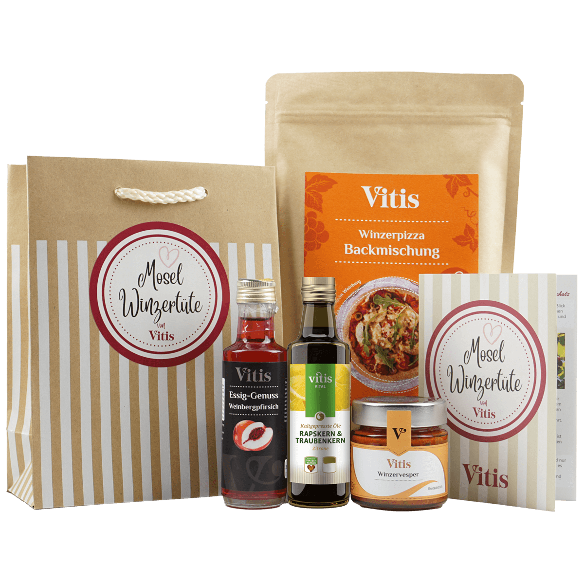 Die Mosel Winzertüte von Vitis mit 4 Feinkostartikeln und einem Flyer.