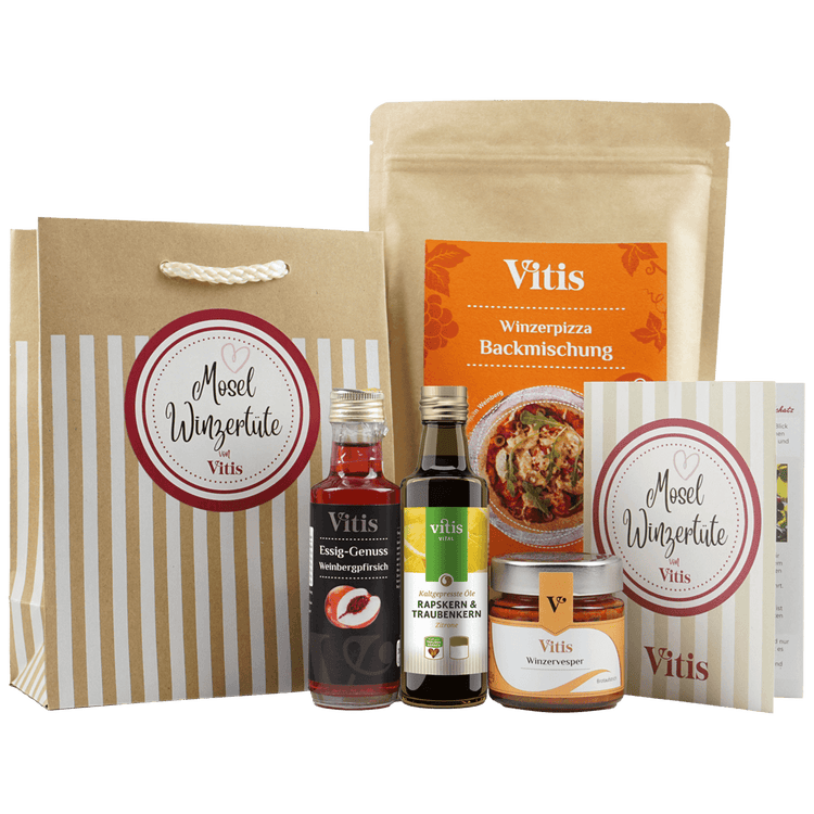 Die Mosel Winzertüte von Vitis mit 4 Feinkostartikeln und einem Flyer.