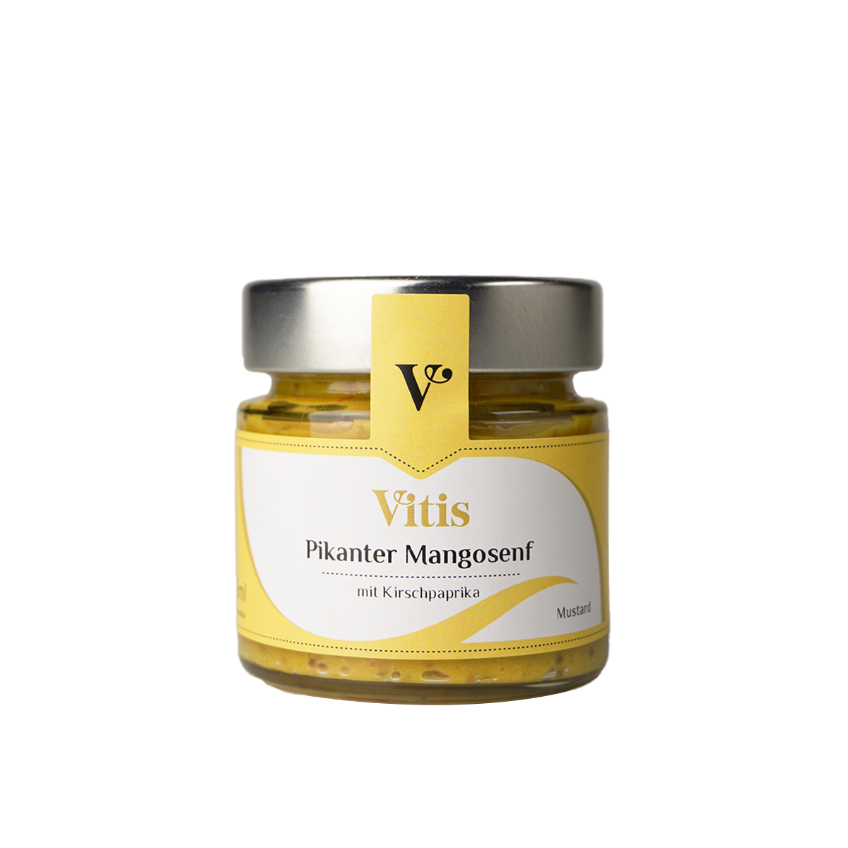 ein Glas pikanter Mangosenf mit Kirschpaprika der Firma Vitis Traubenkern GmbH