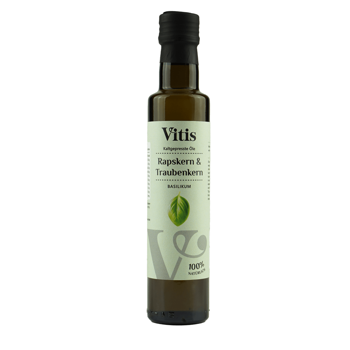 Eine Flasche Raps- & Traubenkernöl Basilikum von der Firma Vitis Traubenkern GmbH.