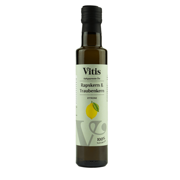 Eine Flasche 250ml kaltgepresstes Raps- und Traubenkernöl Geschmacksrichtung Zitrone von der Firma Vitis Traubenkern GmbH.