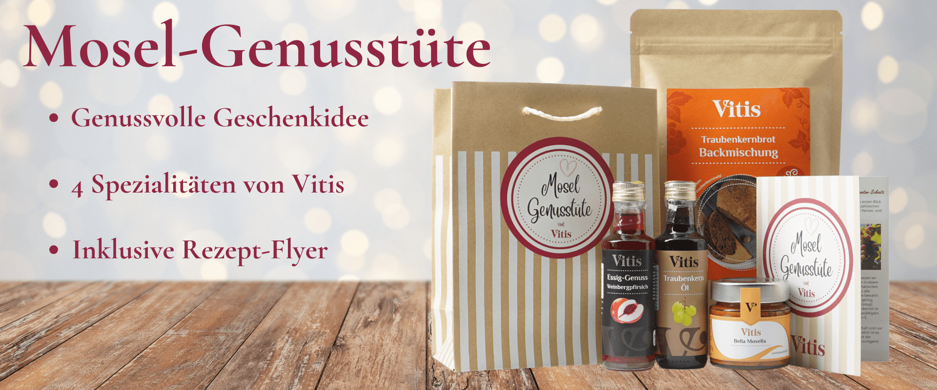 Die Mosel Genusstüte von Vitis auf dekorativem Hintergrund.