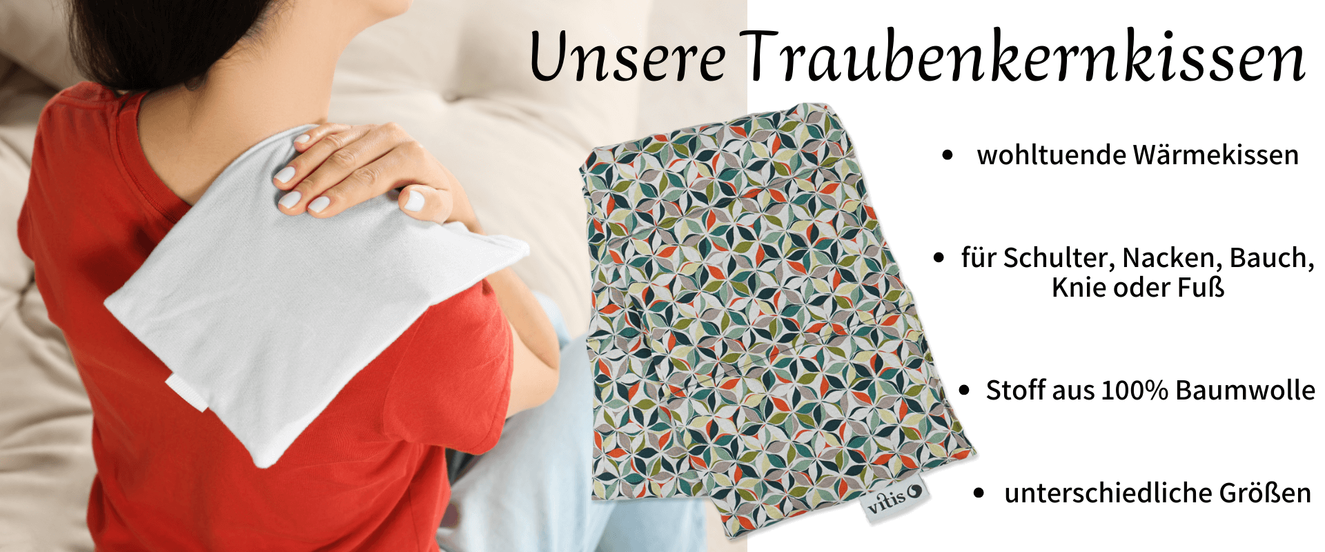 Ein Traubenkernkissen von Vitis, dass sich eine Frau auf ihre schmerzende Schulter legt.
