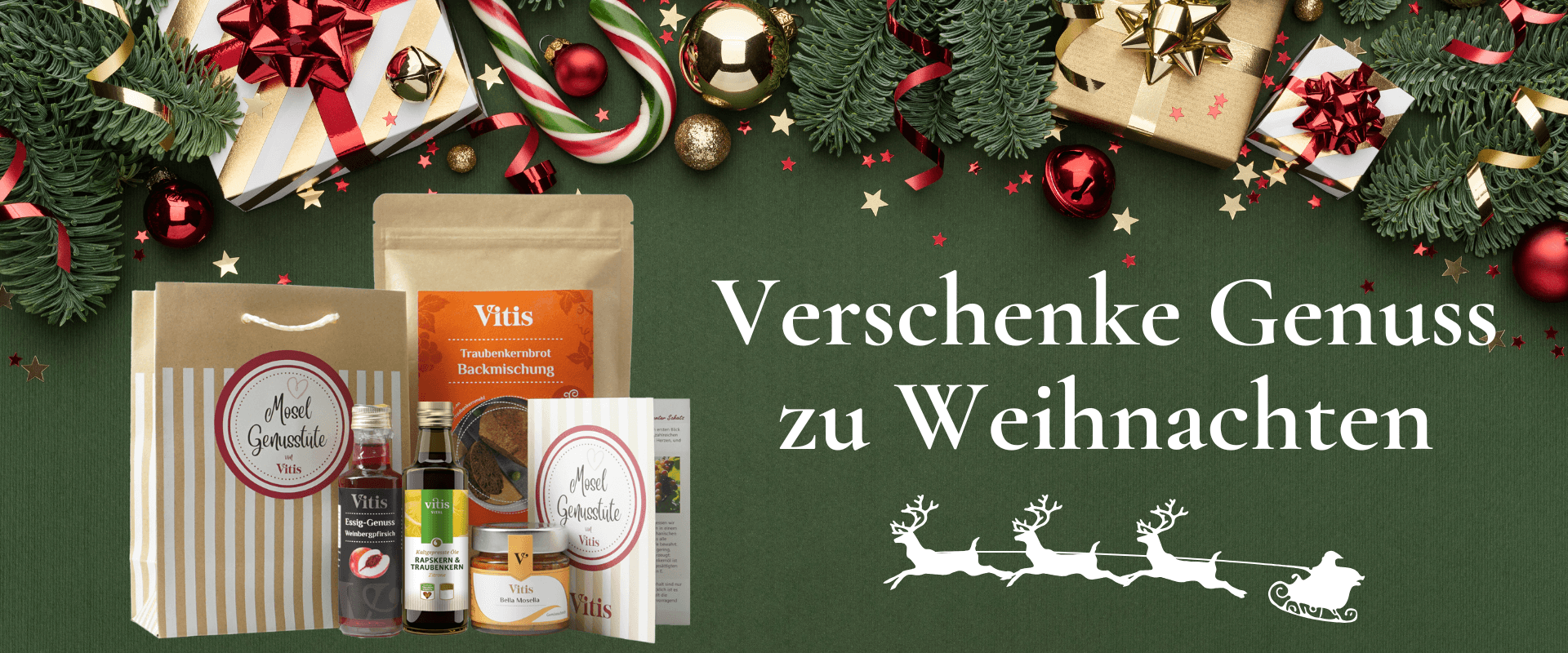 Ein weihnachtliches Motiv und die Mosel Genusstüte von der Firma Vitis Traubenkern GmbH.