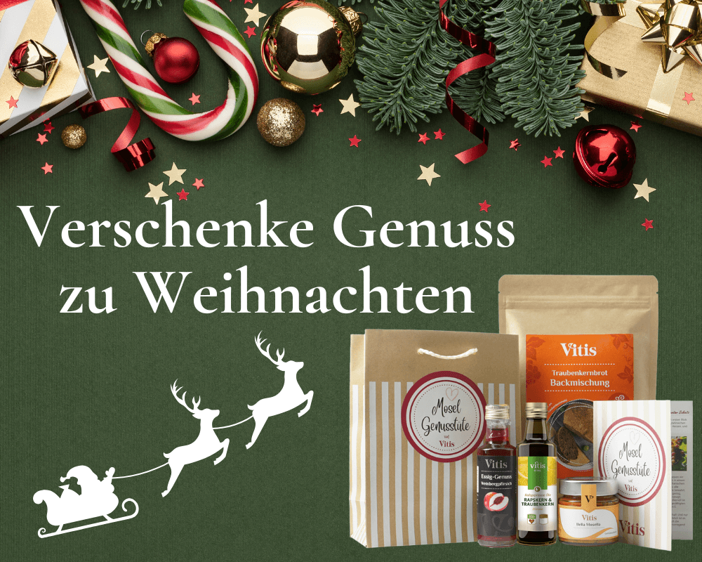 Ein weihnachtliches Motiv und die Mosel Genusstüte von der Firma Vitis Traubenkern GmbH.