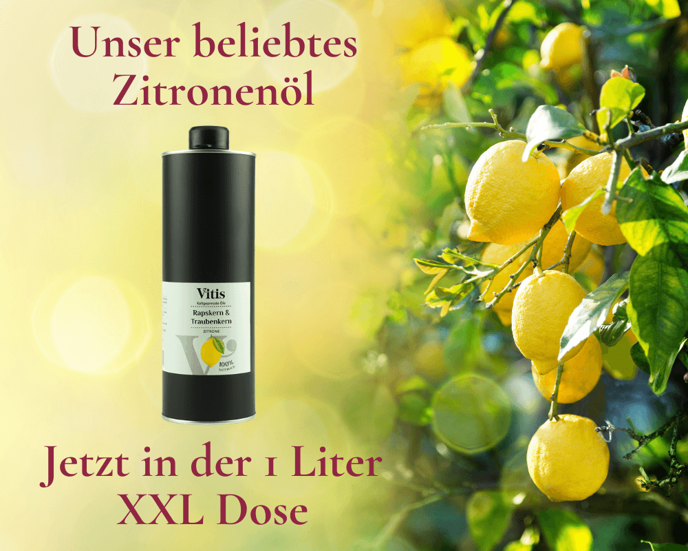 Ein Bild mit der 1 Liter Dose Raps- & Traubenkernöl Zitrone von der Firma Vitis Traubenkern GmbH neben einem Zitronenbaum.