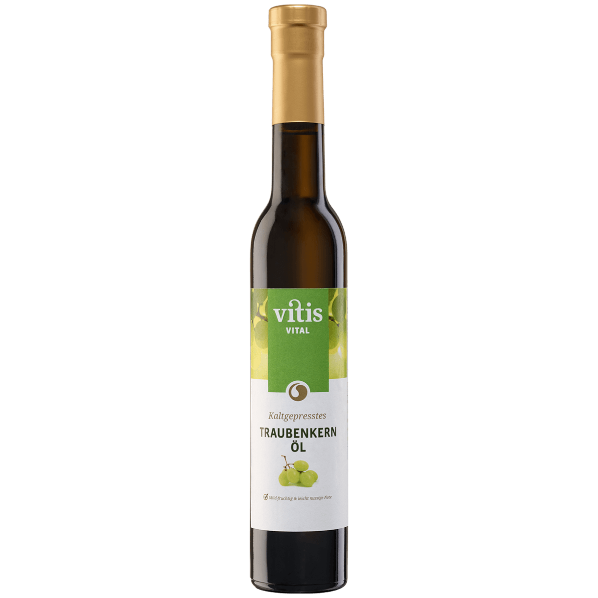 Eine 250 Milliliter Flasche Traubenkernöl von der Firma Vitis Traubenkern GmbH.