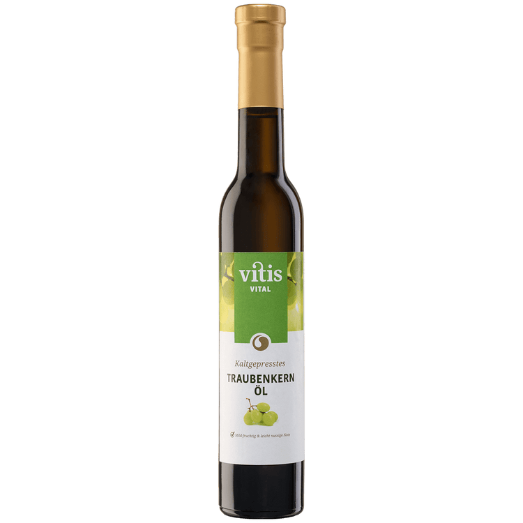 Eine 250 Milliliter Flasche Traubenkernöl von der Firma Vitis Traubenkern GmbH.
